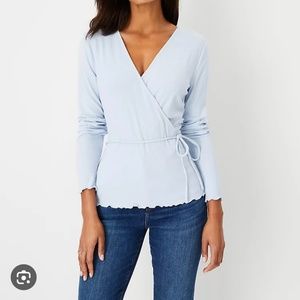 Ann Taylor Ribbed Wrap Top in Blue